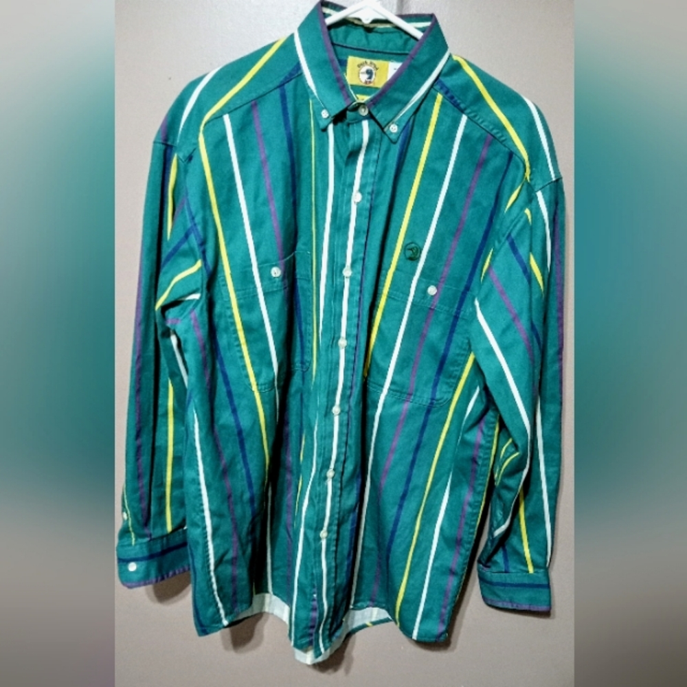 vintage duckhead men's large flannel green with purple white and yellow stripes